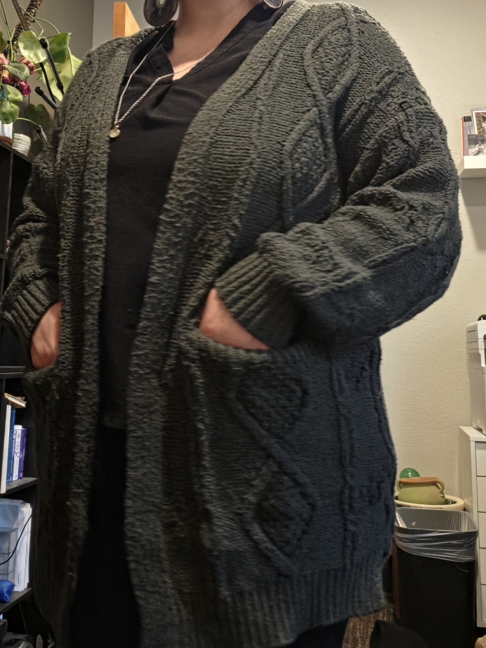 Time and Tru Dark Green Cable-Knit Open Cardigan